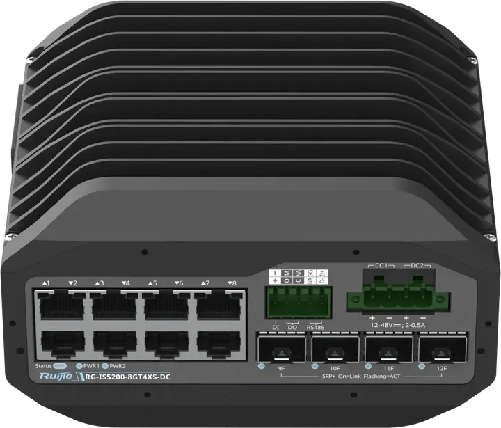 Ruijie RG-IS5200-8GT4XS-DC, 8 x 1GE RJ45 ports, 4 x 10GE SFP+ ports, dual DC power input, DIN rail mounting