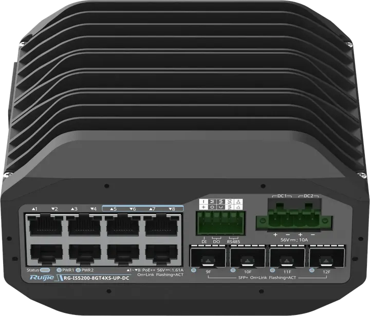 Ruijie RG-IS5200-8GT4XS-UP-DC, 8 x 1GE RJ45 ports, 4 x 10GE SFP+ ports, PoE/PoE+/PoE++, DIN rail mounting
