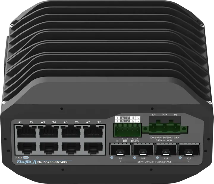 Ruijie RG-IS5200-8GT4XS, 8 x 1GE RJ45 ports, 4 x 10GE SFP+ ports, single AC power input, DIN rail mounting