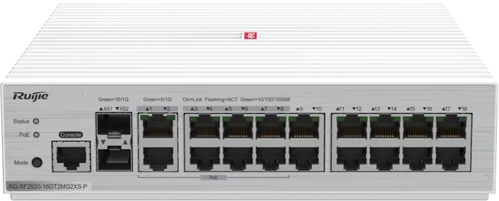 Ruijie RG-SF2920-16GT2MG2XS-P, 16 x 1GE RJ45 ports, 2 x 5GE RJ45 ports, 2 x 10GE SFP+ ports, PoE/PoE+