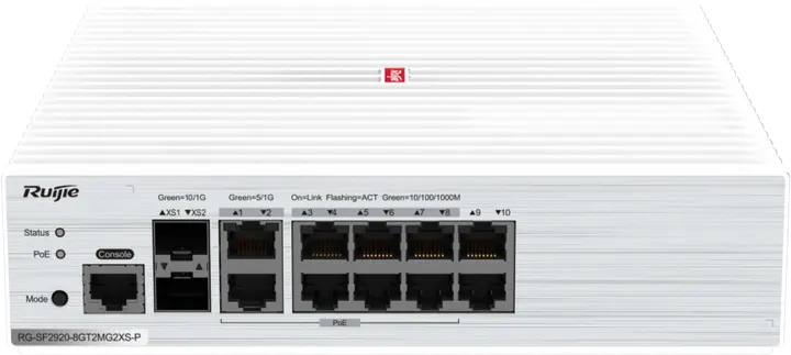 Ruijie RG-SF2920-8GT2MG2XS-P, 8 x 1GE RJ45 ports, 2 x 5GE RJ45 ports, 2 x 10GE SFP+ ports, PoE/PoE+